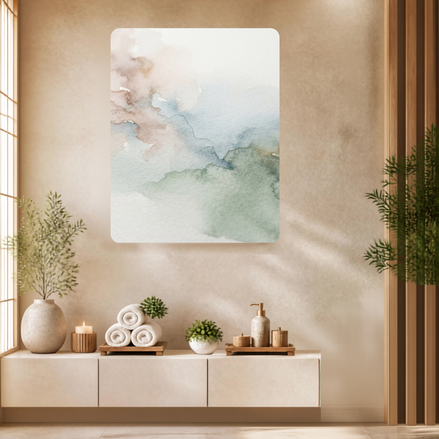 Abstract watercolor wash in blush, mist blue, and sage green on textured paper with soft gold edges