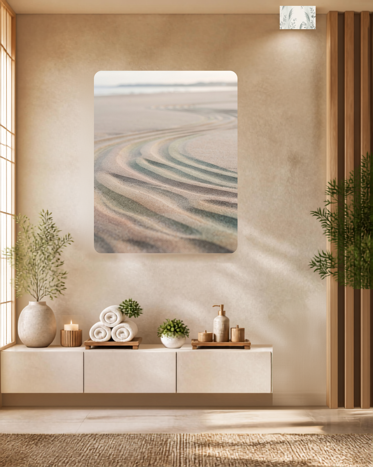 Soft S-shaped curves in pale beach sand in blush, sage, and cream tones with a hazy shoreline behind