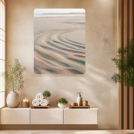 Soft S-shaped curves in pale beach sand in blush, sage, and cream tones with a hazy shoreline behind