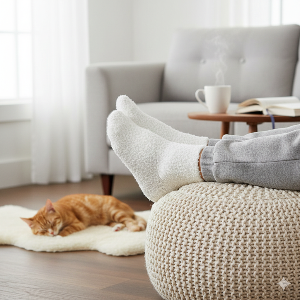 Person relaxing on a ottoman with a cat and coffee cup in a cozy living room.