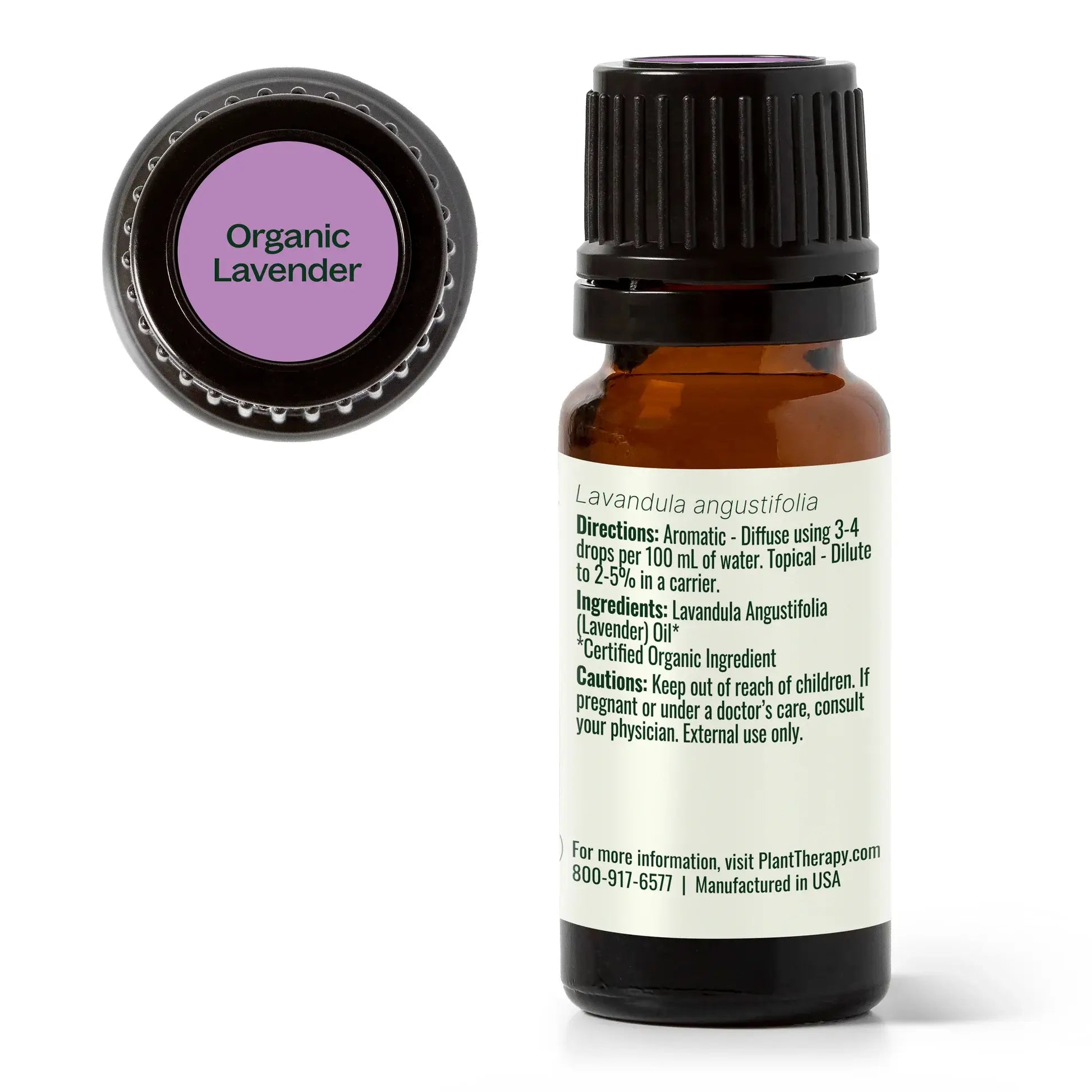 lavender oil ingredient list on bottle against white background
