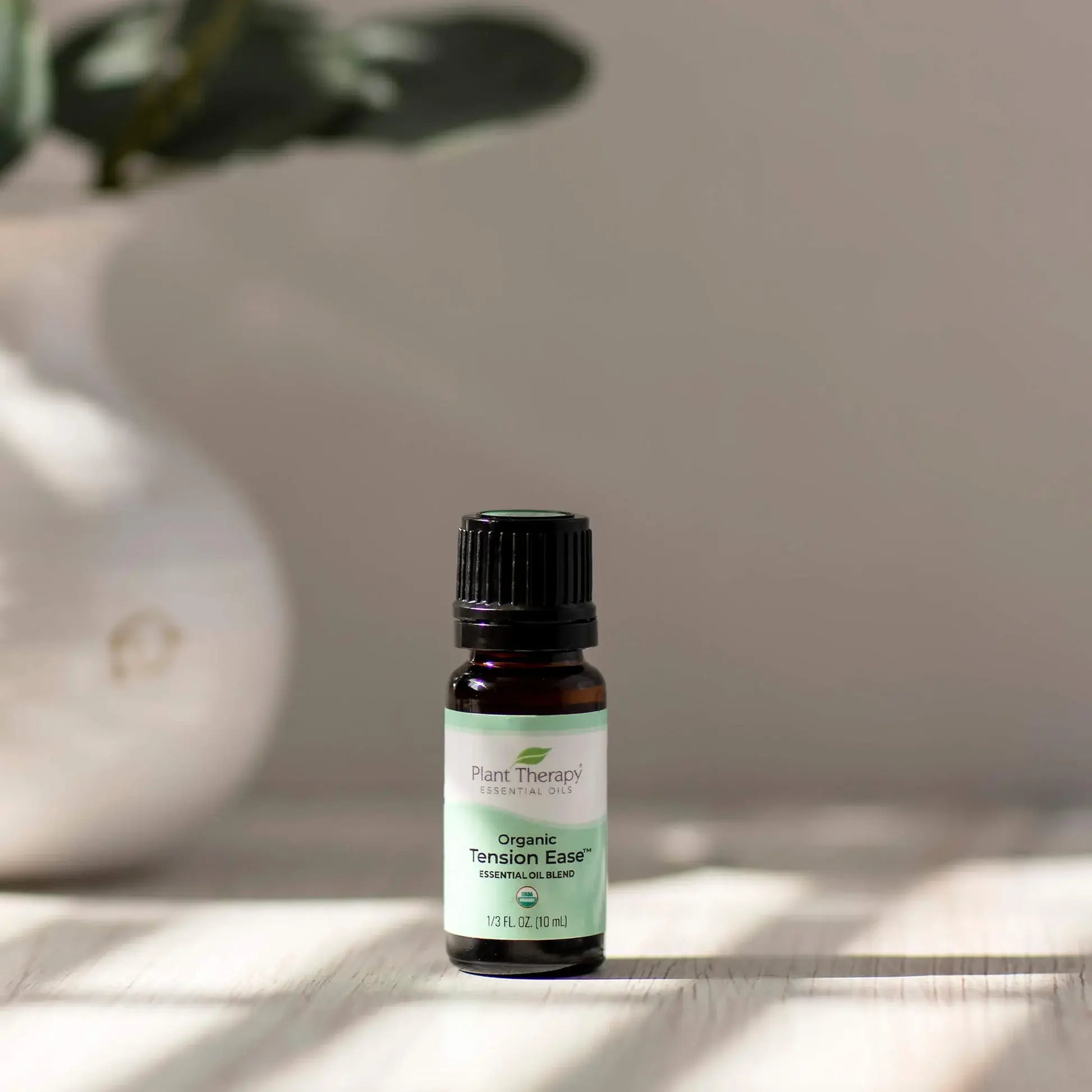 organic oil on table with plant in backgroiund