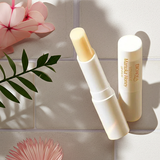 Lip balm tube on a light surface with pink flowers and green leaves in the background