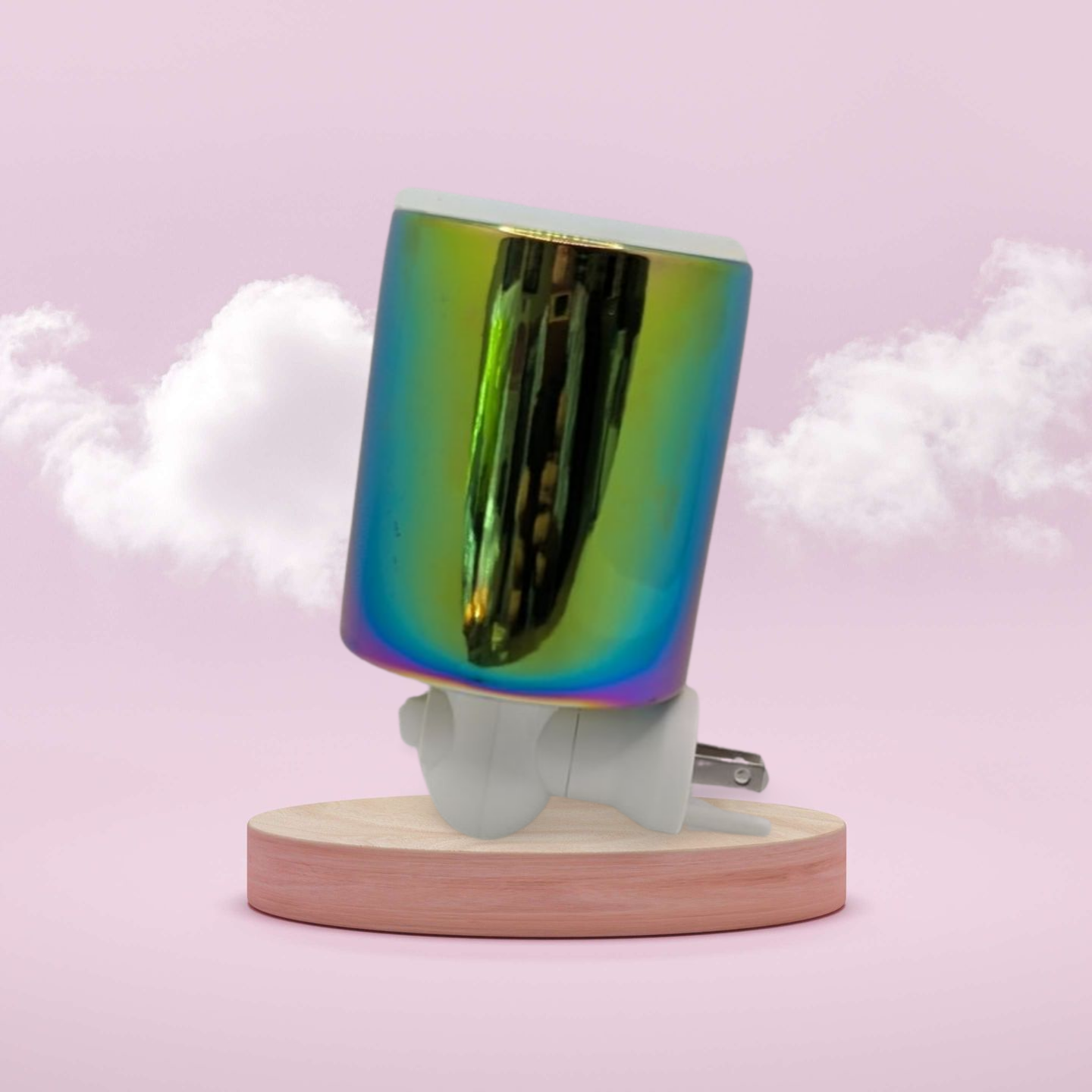 Chameleon-shaped object on a wooden base with a pink background.