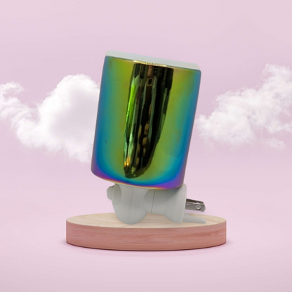 Chameleon-shaped object on a wooden base with a pink background.